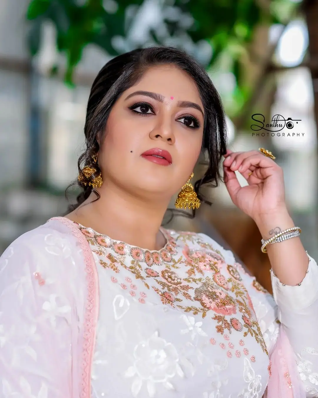 Meghana Raj Wearing Beautiful Earring White Designer Gown